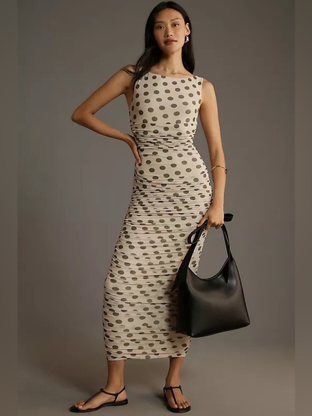 NEW AFRM Aisla Mesh Polka Dot Midi Ruched Dress Size M